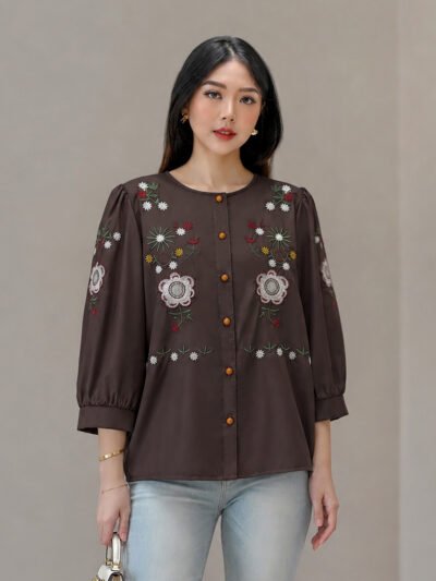 Stella Embroidery Top - Espresso Tangan Pendek