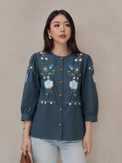 Stella Embroidery Top - Cobalt Tangan Pendek