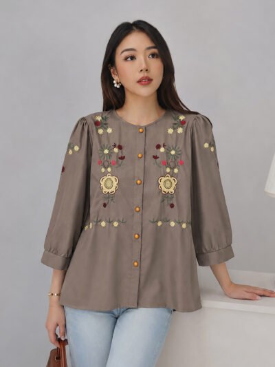 Stella Embroidery Top - Night Taupe Tangan Pendek