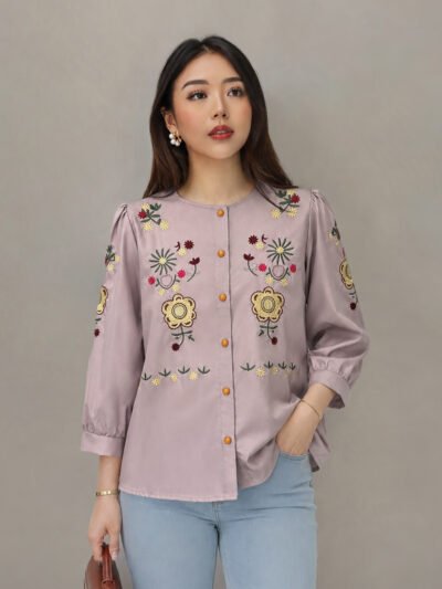 Stella Embroidery Top - Mauve Tangan Pendek