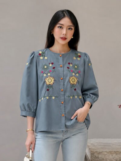 Stella Embroidery Top - French Grey Tangan Pendek