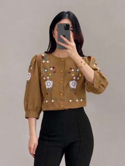 Stella Embroidery Top - Brown Tangan Pendek
