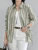 Summer Premium Stripe Linen Shirt - Smoke Olive