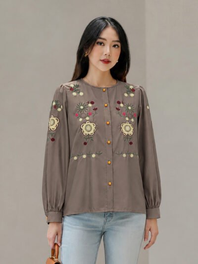 Stella Embroidery Top - Night Taupe Tangan Panjang