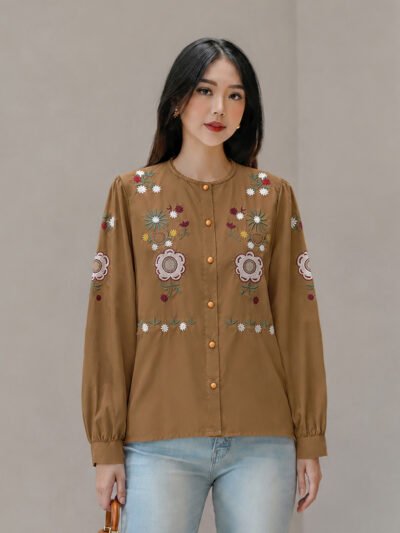 Stella Embroidery Top - Brown Tangan Panjang