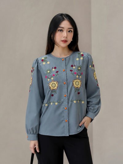 Stella Embroidery Top - French Grey Tangan Panjang