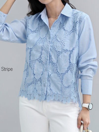 Ivy Shirt Leaf Laser Embroidery Lace - Blue Stripe Motif C