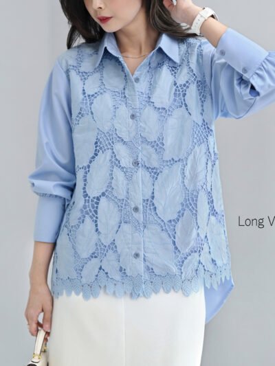 Ivy Shirt Leaf Laser Embroidery Lace - Blue Long Motif C