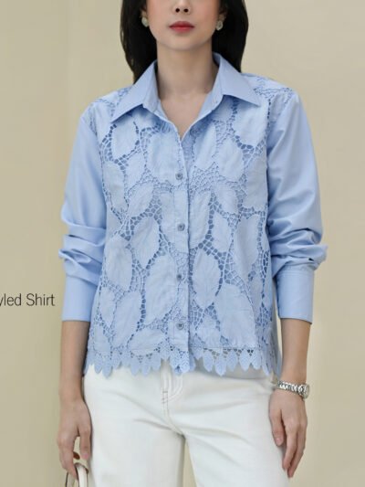 Ivy Shirt Leaf Laser Embroidery Lace - Blue Short Motif C