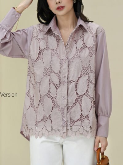 Ivy Shirt Leaf Laser Embroidery Lace - Mauve Long Motif C