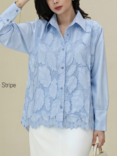 Ivy Shirt Leaf Laser Embroidery Lace - Blue Stripe Long Motif C