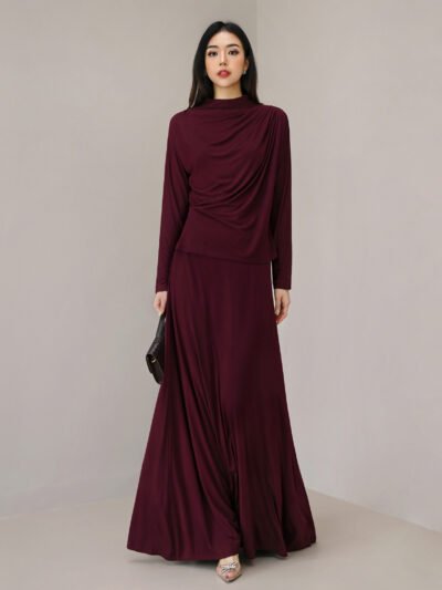 Caitlyn Set (Atasan & Rok) Viscose Kaos Comfort - Night Maroon