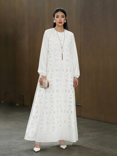 Sauvignon Premium Laser Bordir 3 Layered Dress with Tulle - White