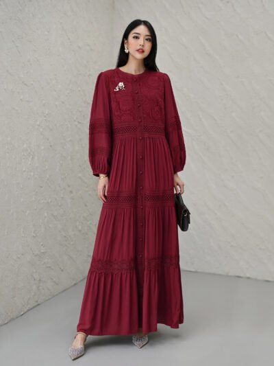 Symphony Limited Embroidery, Brocade and Lace Mix Dress - Maroon Red