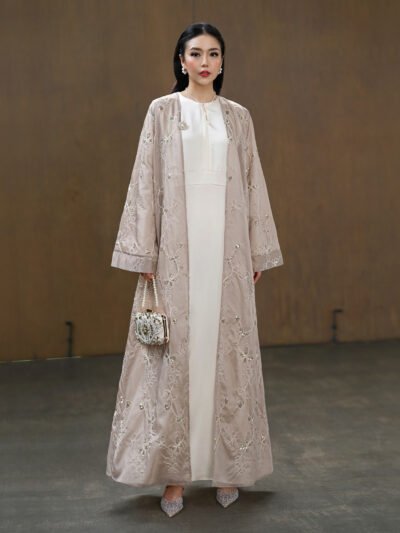 Paradis 2026 Abaya in Sequins (Shiny & Glamorous) Premium Fabric - White Beige Taupe