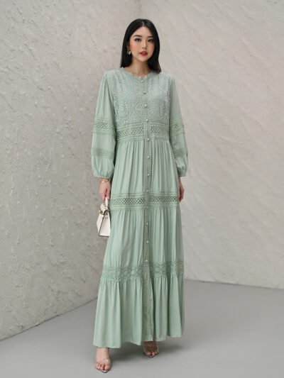 Symphony Limited Embroidery, Brocade and Lace Mix Dress - Smoke Sage Mint