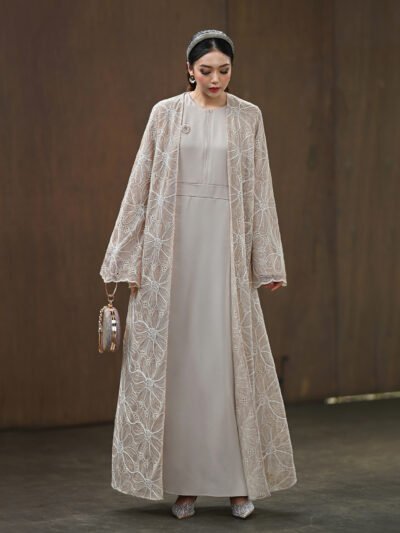 Summer Dahlia Abaya Beautiful n Premium Embroidery Lace - Beige Taupe