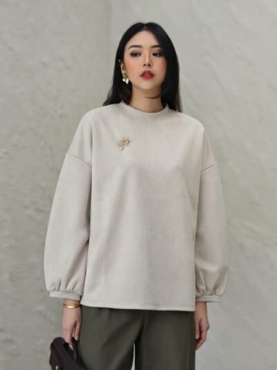 Suede Basic Balloon Sleeves Modern for Daily Look - Light Oat