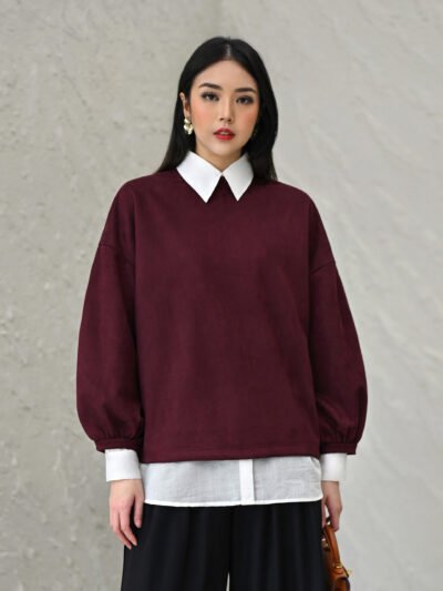 Suede Basic Balloon Sleeves Modern for Daily Look - Maroon