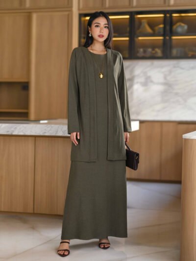 Nezuko Soft Wool Knit Set (Outer n Dress) - Dark Smoke Moss