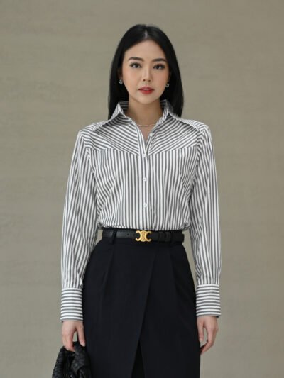 New Stripe Shirt • Simple Wide Collar - Grey/White Stripe