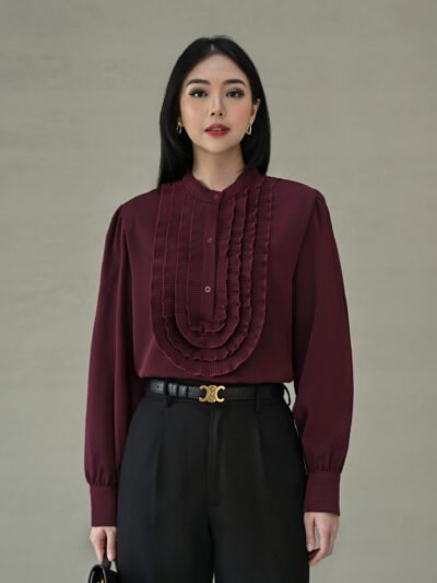 Rosalie Pleated Ruffle Top - Maroon