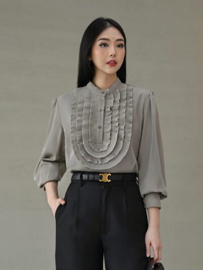 Rosalie Pleated Ruffle Top - Ash Brown