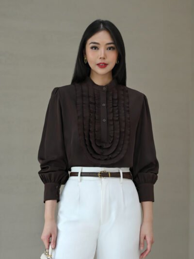 Rosalie Pleated Ruffle Top - Dark Espresso Brown
