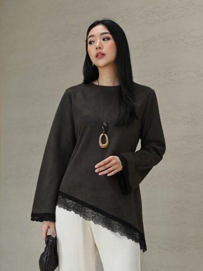 Mimi Lace Asymmetrical in Suede Premium Fabric - Midnight Espresso