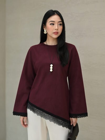Mimi Lace Asymmetrical in Suede Premium Fabric - Maroon