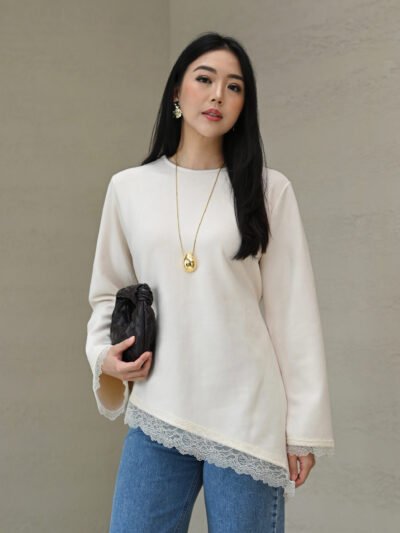 Mimi Lace Asymmetrical in Suede Premium Fabric - White Ivory