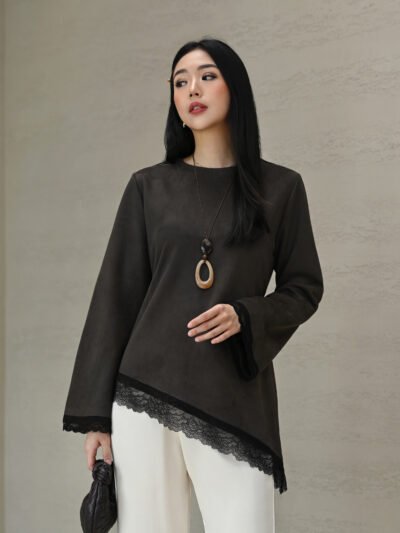 Mimi Lace Asymmetrical in Suede Premium Fabric - Midnight Espresso