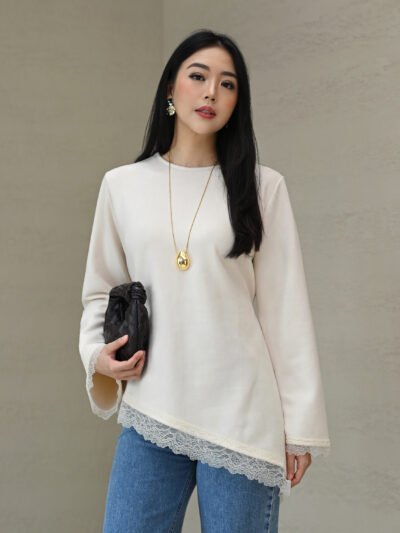Mimi Lace Asymmetrical in Suede Premium Fabric - White Ivory